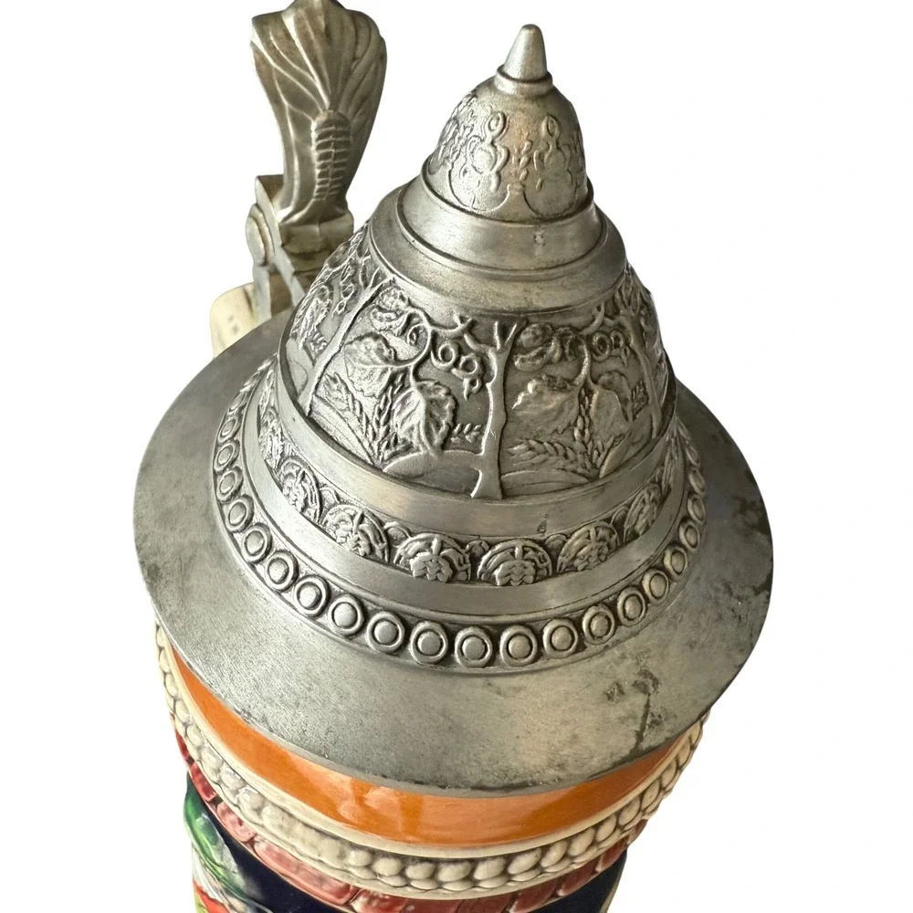 Gerz Germany Beer Stein‎ Edelweiss Floral Tavern Scene Pewter Lid Vintage